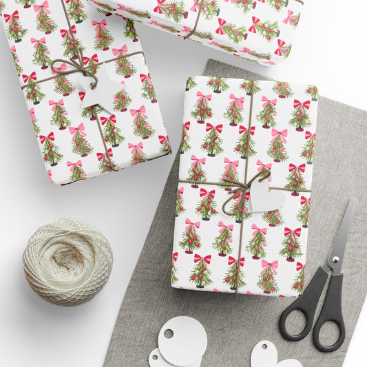 Pink Bows Christmas Trees Wrapping Paper