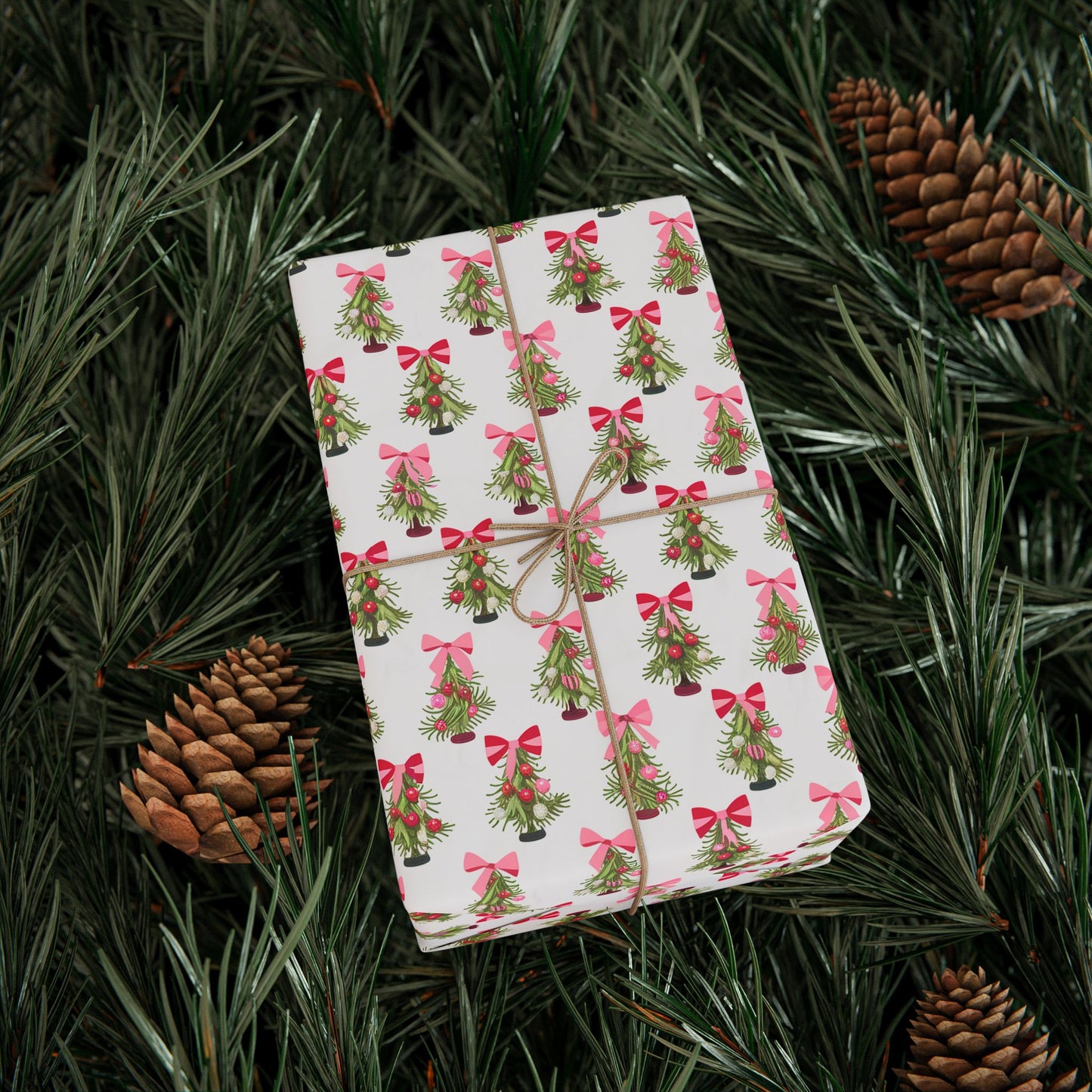 Pink Bows Christmas Trees Wrapping Paper