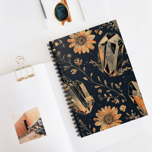 Golden Bloom: Floral and Crystal Design Spiral Notebook