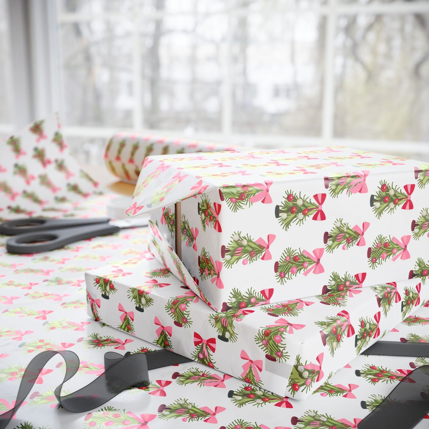 Pink Bows Christmas Trees Wrapping Paper